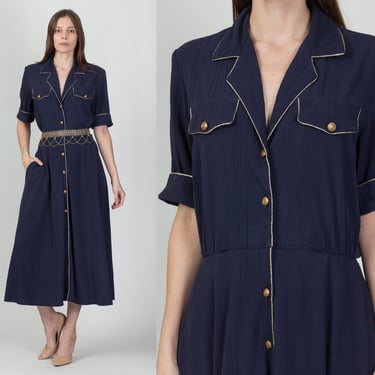 80s Navy Blue Midi Shirtdress Medium | Vintage Gold Button Up Short Sleeve Ankle Length Dress 