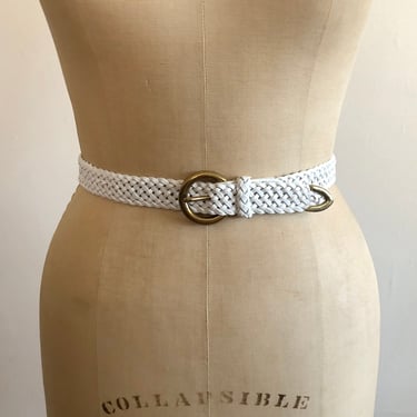 Ivory Braided Leather Belt with Gold-Toned Hardware - 1990s 