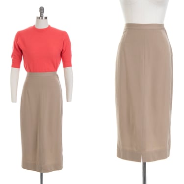 Vintage 1940s Skirt | 40s Tan Wool Gabardine High Waisted Pencil Suit Skirt (small) 