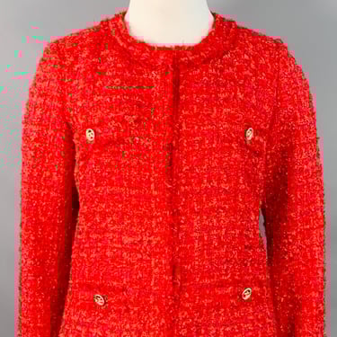 WEILL PARIS Size L Red Acrylic Blend Tweed Hook Eye Collarless Coat