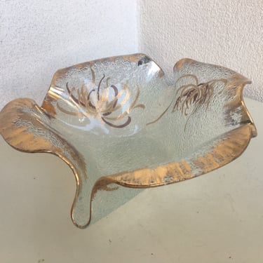 Vintage Dorothy Thorpe Mid  Century modern Atomic handkerchief wavy beaded glass bowl gold metallic size 4” x 10