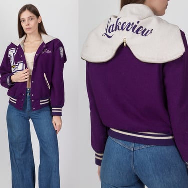 80s Purple Split Hood Varsity Jacket - Small | Vintage Women's Wool Snap Up Letterman Coat 