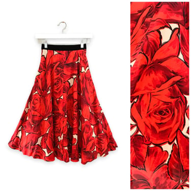 50s HUGE Red Rose Silk Skirt / 1950s Vintage Novelty Print Full Skirt / Small / 24 inch waist 