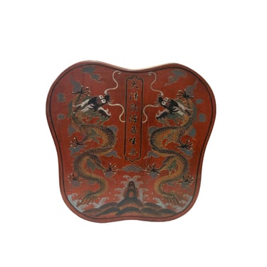 Chinese Distressed Brick Red Dragons Graphic Square Shape Box ws3393E 