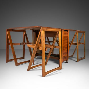 Mid Century Modern Space Saver Minimalist Hide Away Dropleaf Table w/ 4 Hidden Folding Chairs, Romanian, c. 1960's 