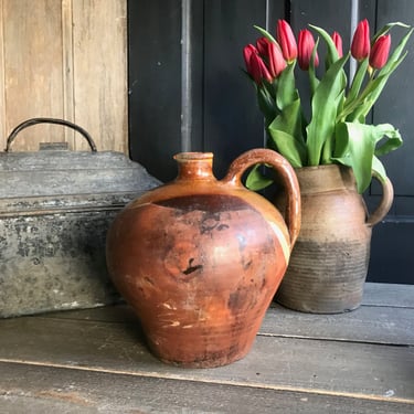 French Pottery Jug, Ochre Glazed Pitcher, Vinegar, Olive Oil, Terra Cotta, Rustic French Farmhouse, Farm Table 