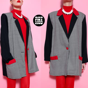 FABULOUS Vintage 80s 90s Black White Houndstooth Oversized Blazer with Red Trim 