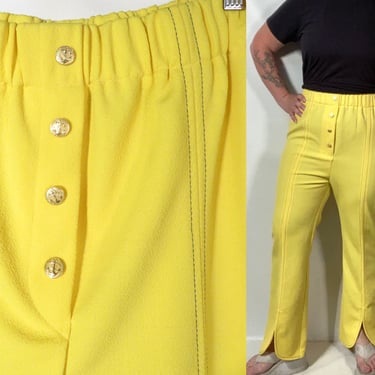 Vintage 70s Yellow Submarine Pants Polyester Pants With Anchor Buttons Elastic Waist Size L/XL 