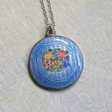 Antique Sterling and Blue Enamel Flower Pendant, Sterling Guilloché Pendant Necklace, 1920's Sterling Enamel Necklace (#4647) 