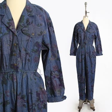 Vintage 80s floral denim jumpsuit coveralls 