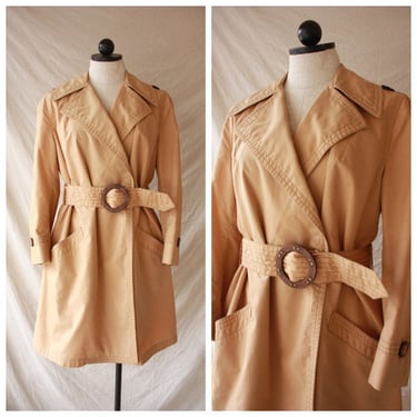 70s Misty Harbor Neutral Raincoat Belted Trench Coat Size S / M 