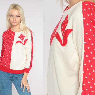 Flower Sweatshirt 80s Red Polka Dot Sweater Cream Floral Shirt Retro Flower Print Long Sleeve Pullover Color Block Vintage 1980s Small S 
