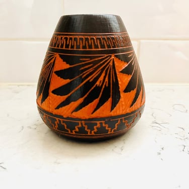 Vintage Terra Cotta and Black Handmade Signed Navajo IN Etched Pottery Small Vase by LeChalet