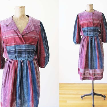 70s Striped Multicolor Bohemian Midi Dress S - Vintage 1970s Colorful Long Sleeve Hippie Textile Dress 