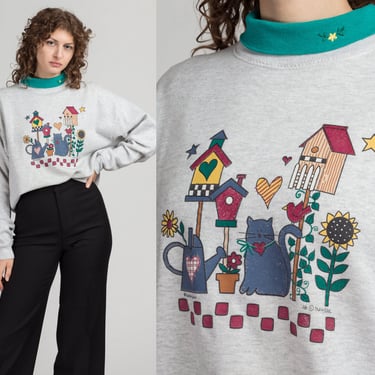 90s Bird House & Garden Sweatshirt - Extra Large | Vintage Floral Cat Graphic Collared Long Sleeve Pullover 