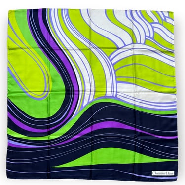 60s/70s Purple Green Psychedlic Mod Swirl Square Scarf By Christian Dior