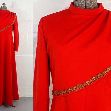 Vintage Red A-Line Maxi Dress Hostess Mod Empire Waist Wedding Evening Gold Trim Twiggy Long Sleeve Women's Large 1960s 