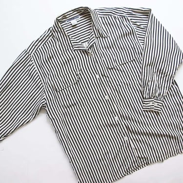 Vintage 90s Striped Long Sleeve Silk Shirt L XL  - 1990s Black White Button Up - Patch Pocket Baggy Oversized 90s Oxford Blouse - Preppy 