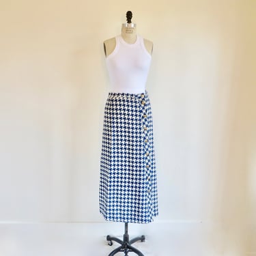 1970's Navy Blue and White Giant Houndstooth Wool Plaid Long Maxi A Line Skirt Gold Metal Buttons Mod 70's Fall Winter 29