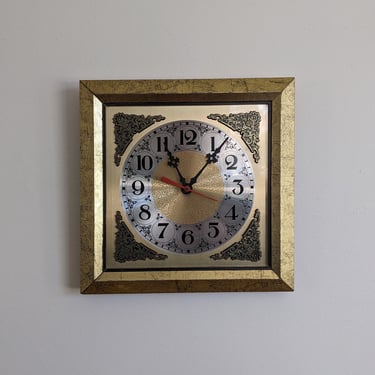 Gold Ornate Vintage Square Wall Clock Working Condition 