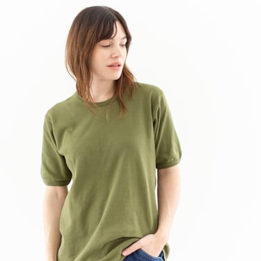 Vintage Pea Green T-Shirt | Unisex Banded Sleeve 80s Worn Tee Shirt | 100% Cotton | S | GT004 