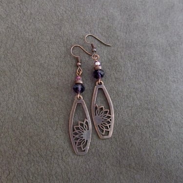 Antique copper and purple crystal bohemian earrings 