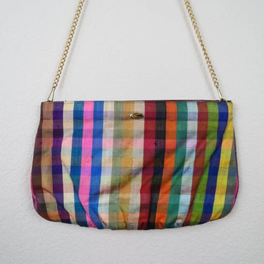 Vintage 1980s silk purse, shoulder bag, rainbow, madras plaid, colorful 