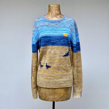 Vintage 1970s Graphic Novelty Knit Sweater, 70s Boho Nature Theme Space-Dyed Acrylic Pullover, Medium 40" Bust, VFG 