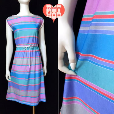 Comfy Vintage 70s 80s Purple Blue Mint Stripe Elastic Waist Dress 