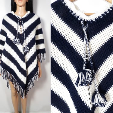 Vintage 70s Navy Blue Striped Heavy Knit Warm Poncho Size One Size Fits Most 