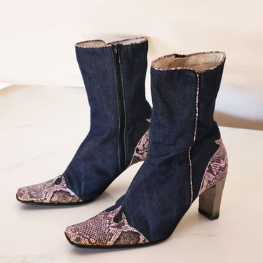 Vintage Y2K Italian Made Denim + Metallic Snake Print Leather Western Square Toe Boots sz 39 Blue Purple 2000s Heeled 