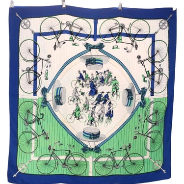 vintage HERMES Les Becanes scarf / silk green blue bicycle print scarf carre 35 X 35 