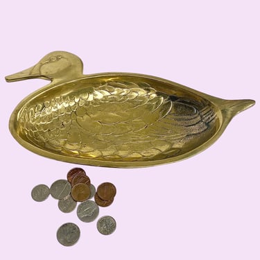 Vintage Brass Trinket Dish Retro 1980s Farmhouse + Duck or Mallard + Gold Metal + Shallow Tray + Loose Change/Ring Dish + Animal Home Decor 