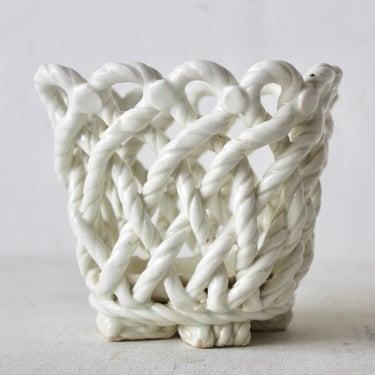 French Country Style White Ceramic Woven Rope Cachepot Basket 