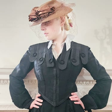 1900s Black Satin Jacket w/Ribbon Embellishment 