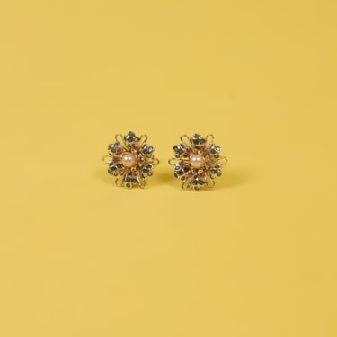 Vintage Flower Jewel Clip-On Earrings 