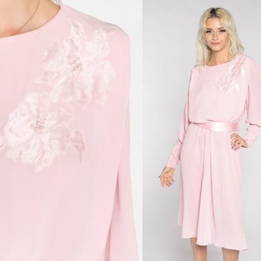 Baby Pink Midi Dress 80s Blouson Beaded Floral Dress Button Back Chiffon High Waist Secretary Retro Long Sleeve 1980s Victorian Small Medium 