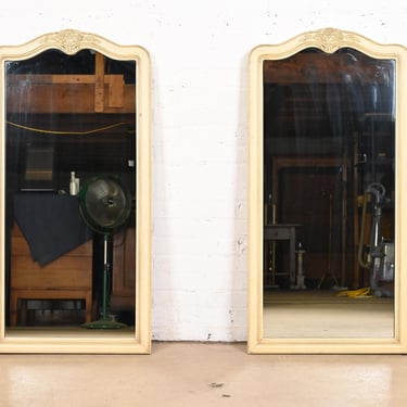 Henredon French Provincial Louis XV Cream and Light Green Lacquered Tall Wall Mirrors, Pair