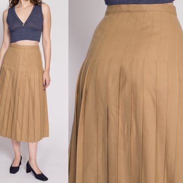 S| 80s Tan Wool Pleated Midi Skirt - Small, 26.5" | Vintage Minimalist A Line Camel Brown Skirt 