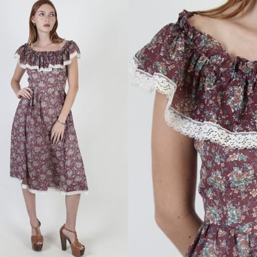 Gunne Sax Dress Rustic Prairie Dress Size 13, Jessica McClintock Cottagecore Calico Dress, Burgundy Floral Off The Shoulder Mini Dress 