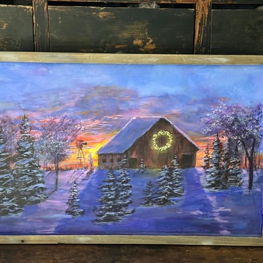 Vintage Framed Original Winter Christmas Cabin Painting, Signed Tom Voxx 