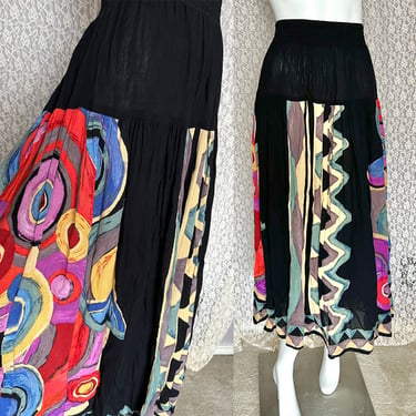 Vibrant Artsy Skirt, Midi Length, Bright Colors, Stretch Waist, Carole Little, Vintage 90s, Size 14 US 
