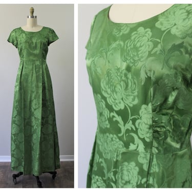 Vintage 50's 60's Peridot Green Satin Damask Brocade Maxi Empire Fitted Dress Hollywood Audrey Hepburn 