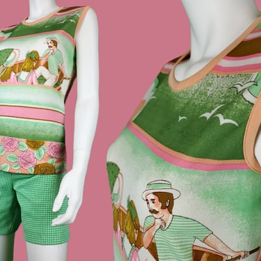1960s mod tank top. Beautiful graphics flowers boating family vacation seagulls. Pastel color palette. Vintage polyester. (Size M) 