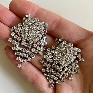 Signed Designer KJL Silver Crystal Fringe Clip On Earrings