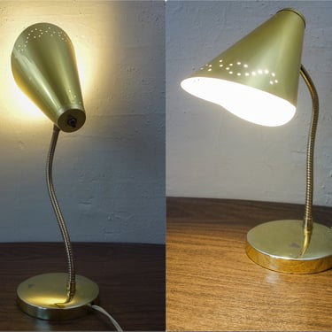Vintage gooseneck brass desk lamp, groovy MCM cone shaped bullet shade adjustable flexible neck metal gold tone table lamp w/ punched holes 