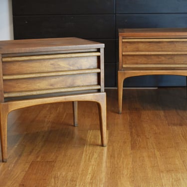Pair of newly-restored Lane Rhythm walnut nightstands or side tables 