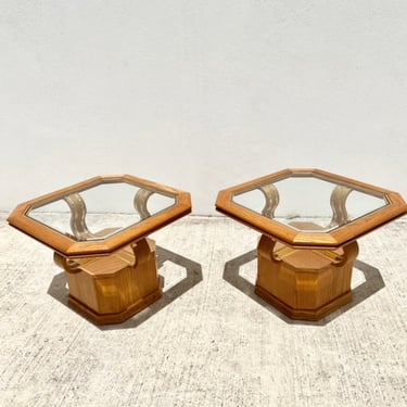 Oak and Glass Blooming Pedestal Base Table Set