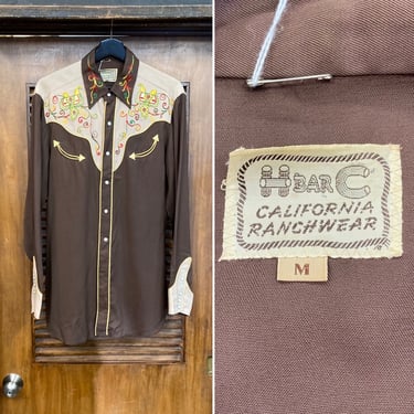 Vintage 1950’s “H Bar C” Two-Tone Saddle Detail Rayon Gabardine Western Cowboy Rockabilly Shirt, 50’s Snap Button Shirt, Vintage Clothing 