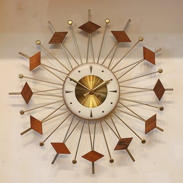 Vintage Teak &amp; Brass Starburst Wall Clock by Welby